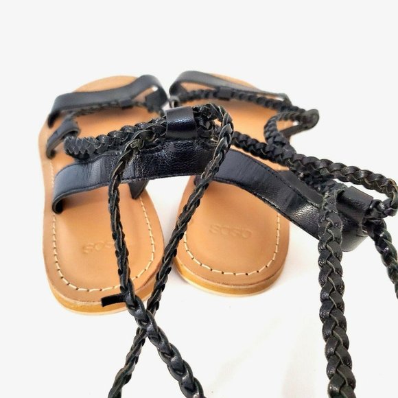 Asos Flat Black Braided Lace Up Sandals Size 6 Strappy Boho Bohemian Festival - Picture 8 of 12